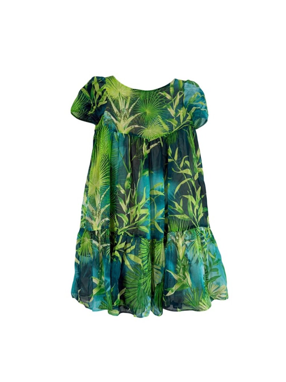 NWOT Versace 100% Green Blue Jungle Palm Tree Puff Sleeve Dress Girls Size 6